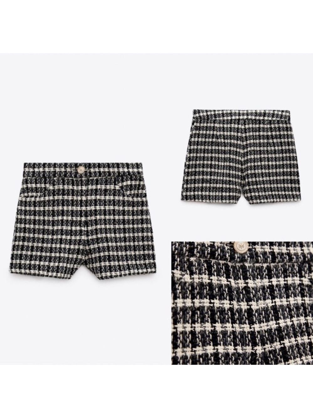 Zara black white textured woven tweed high waisted shorts Sz L NWT